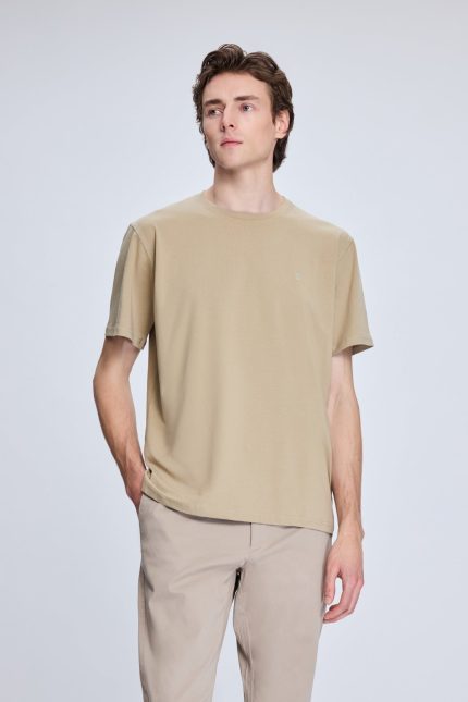 Regular Fit Beige Cotton Blend Crewneck T-Shirt