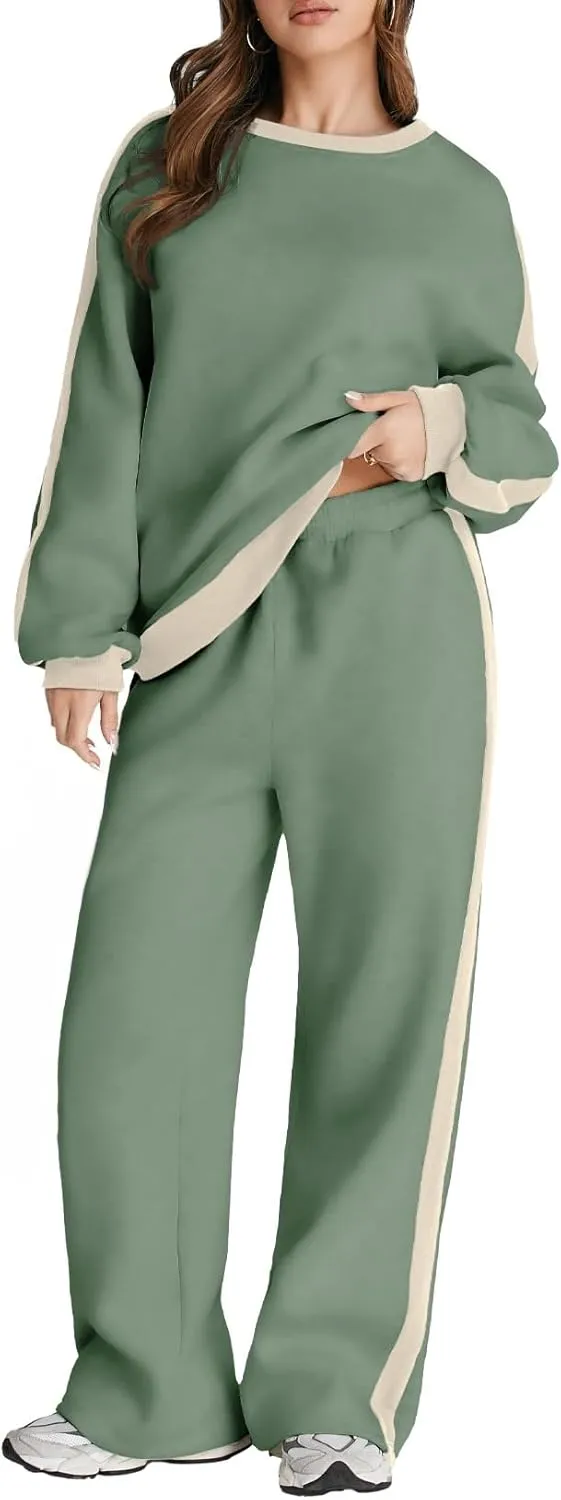 Women 2 Piece Outfits Color Block Sweatsuit Casual Fleece Lounge Matching Sets