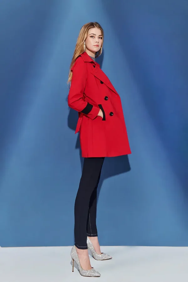 Large lapel cuffs embellish trench coat