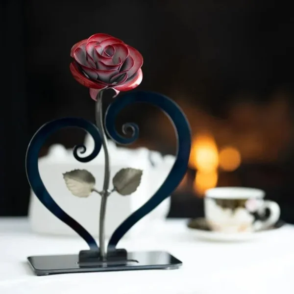 Red Metal Rose with Heart-Shaped Stand