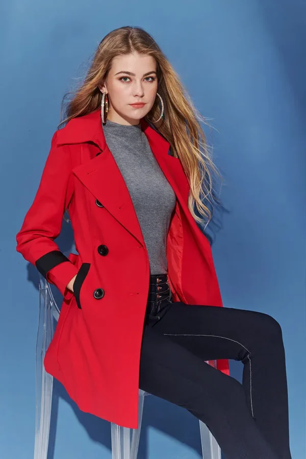 Large lapel cuffs embellish trench coat