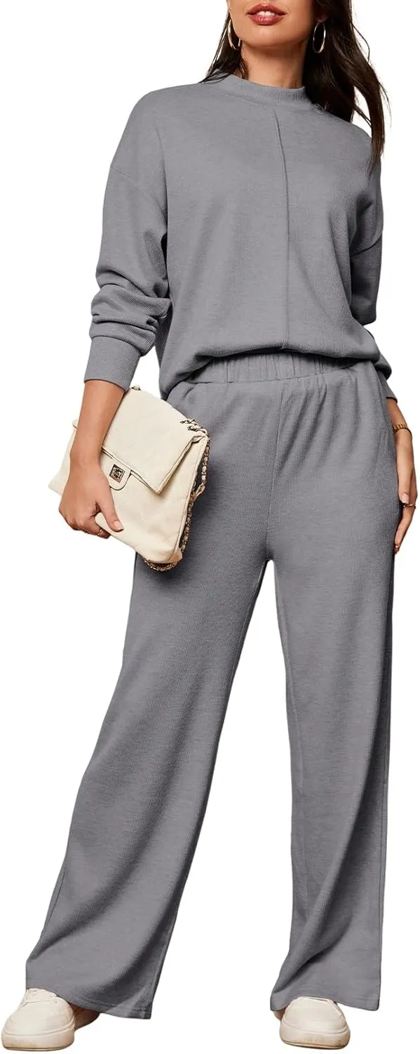 Lounge Sets for Women 2024 Fall 2 Piece Knit Outfits Long Sleeve Pullover Tops Wide Leg Pants Sweaters Tracksuits