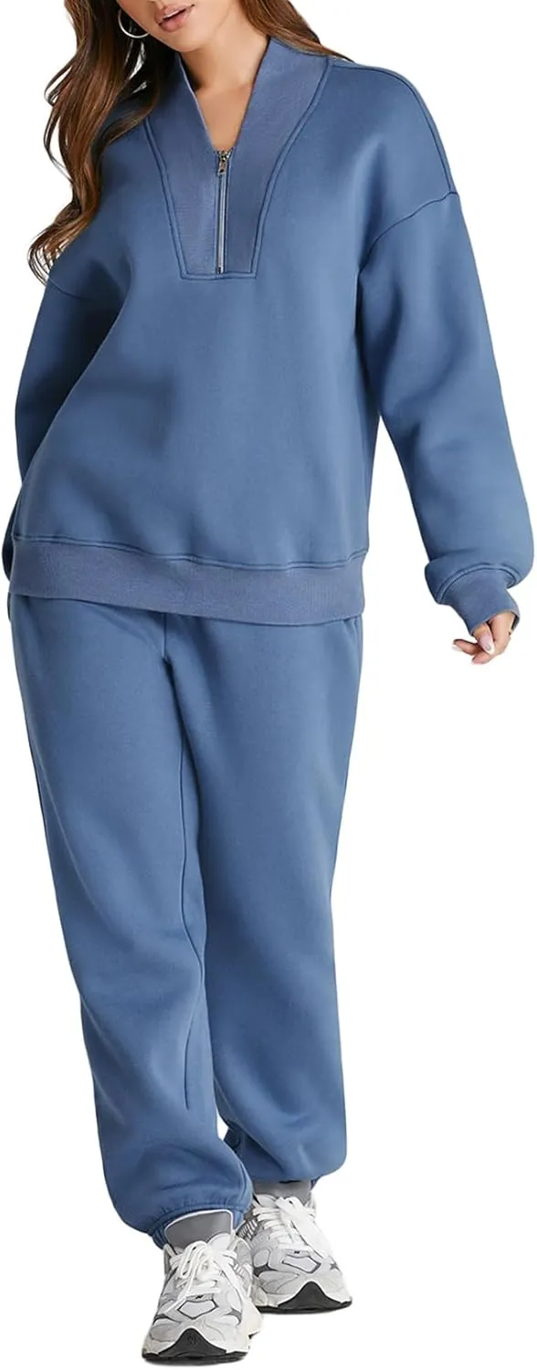 Women's 2 Piece Outfits Oversized Sweatsuit Long Sleeve Pullover Half Zipper Sweatshirt with Jogger Pants