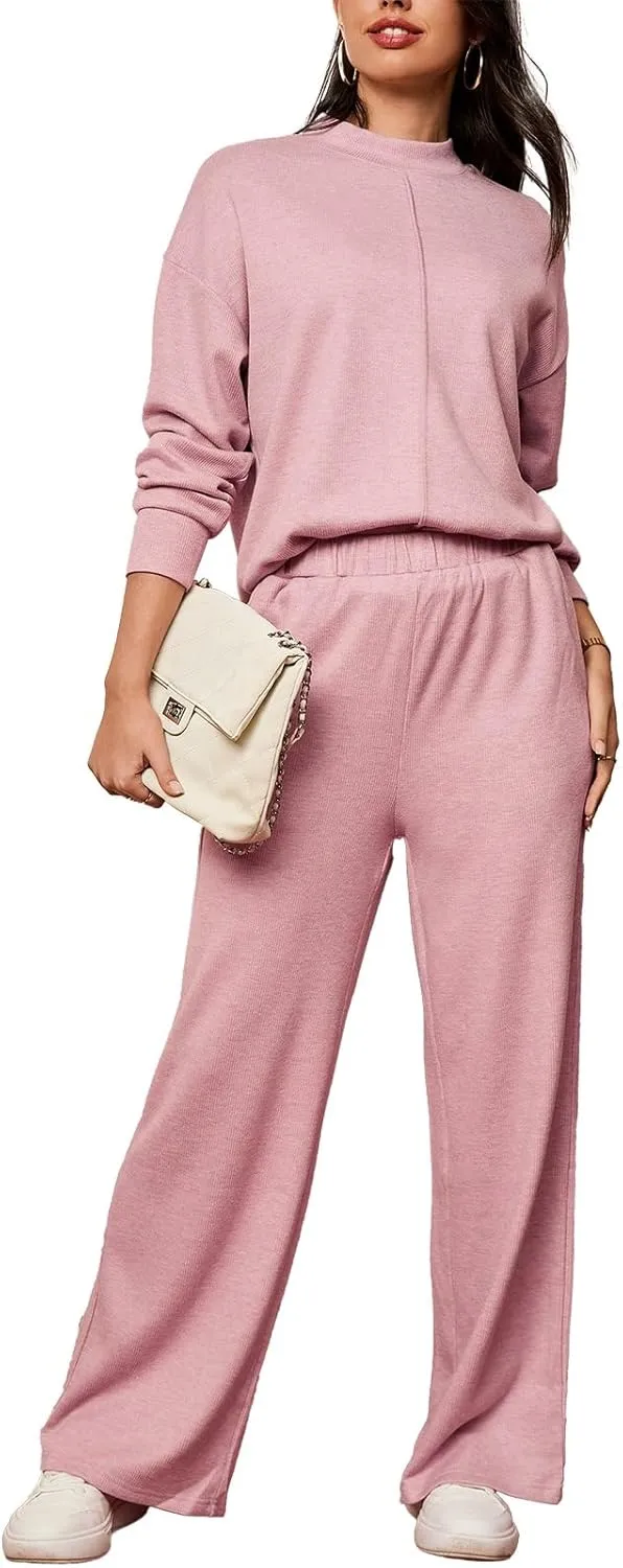 Lounge Sets for Women 2024 Fall 2 Piece Knit Outfits Long Sleeve Pullover Tops Wide Leg Pants Sweaters Tracksuits