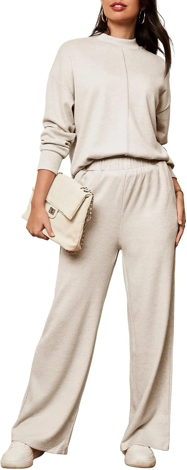 Lounge Sets for Women 2024 Fall 2 Piece Knit Outfits Long Sleeve Pullover Tops Wide Leg Pants Sweaters Tracksuits