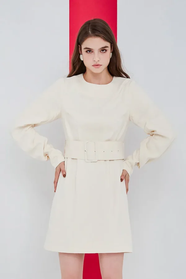 Plain round neck wide belt style dress