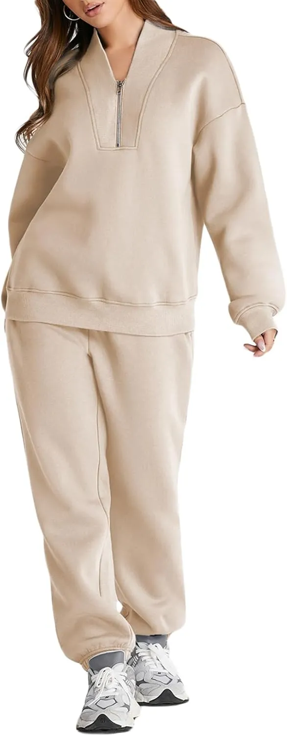 Women's 2 Piece Outfits Oversized Sweatsuit Long Sleeve Pullover Half Zipper Sweatshirt with Jogger Pants