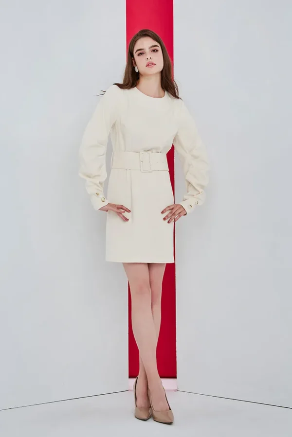 Plain round neck wide belt style dress