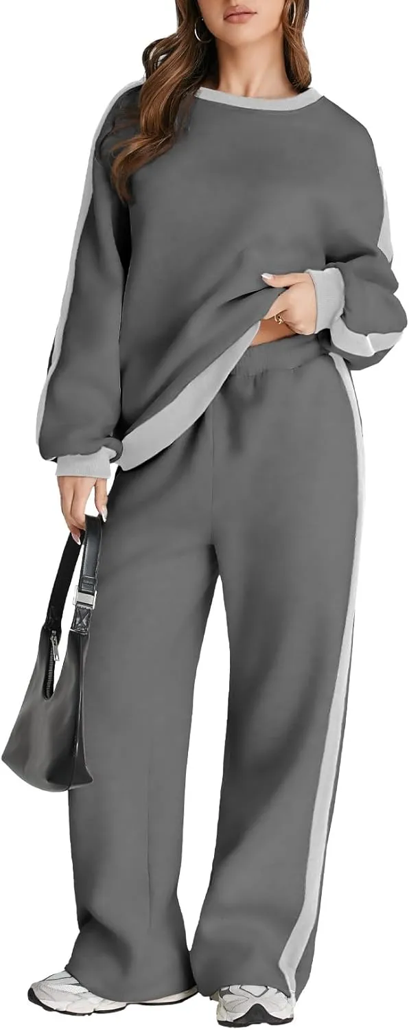 Women 2 Piece Outfits Color Block Sweatsuit Casual Fleece Lounge Matching Sets