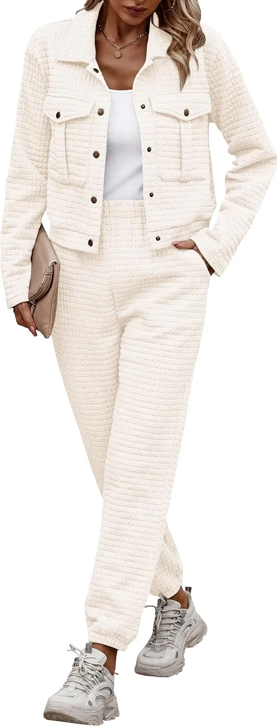 Womens 2024 Winter 2 Piece Outfit Tracksuit Long Sleeve Button Down Shacket Jacket Pockets Long Pants Casual Set