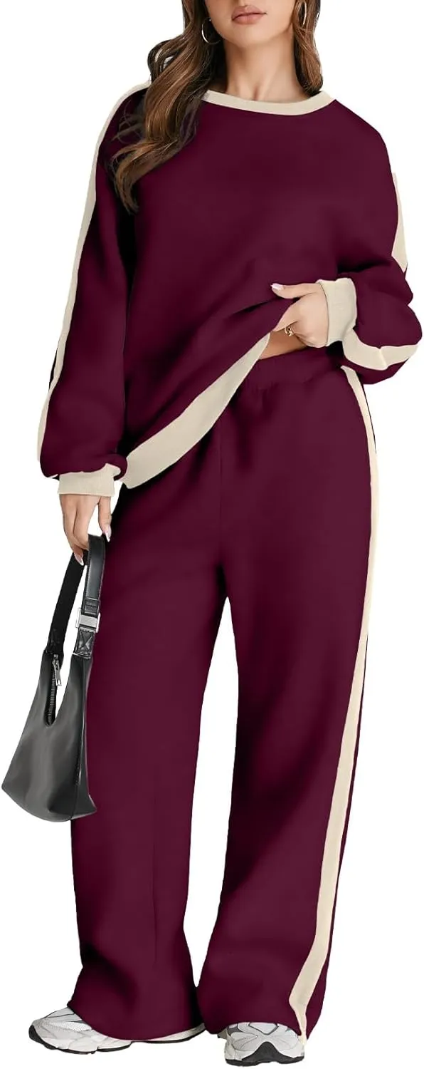 Women 2 Piece Outfits Color Block Sweatsuit Casual Fleece Lounge Matching Sets
