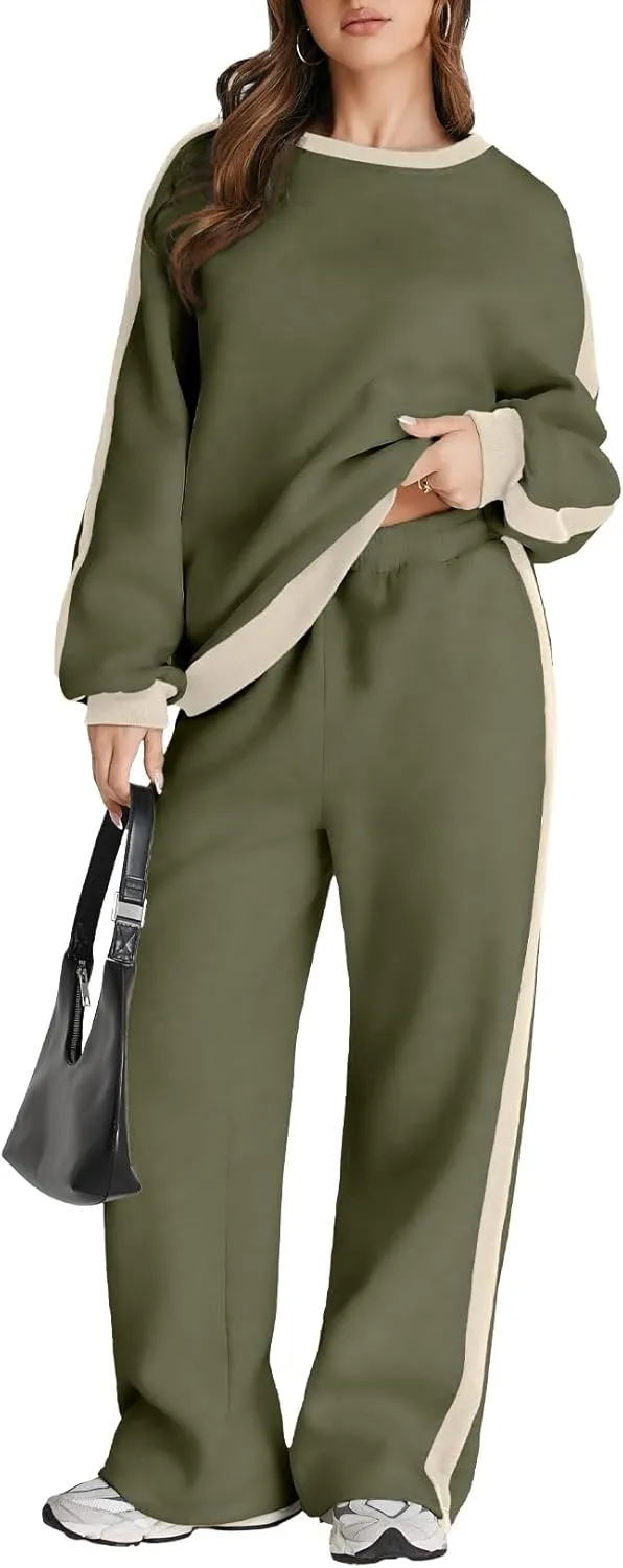 Women 2 Piece Outfits Color Block Sweatsuit Casual Fleece Lounge Matching Sets