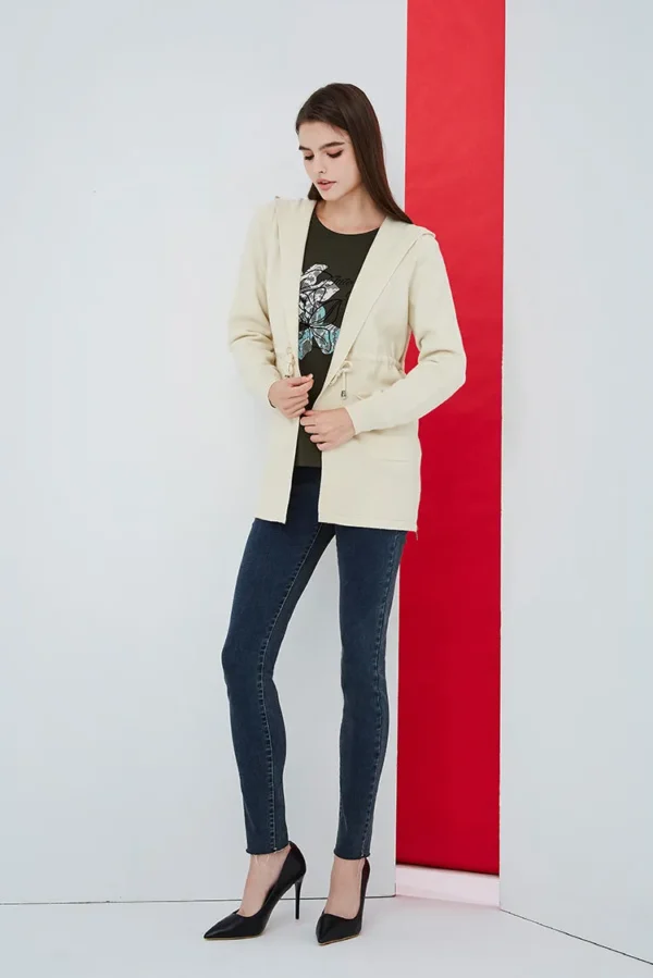 Hooded cardigan side zipper drawstring