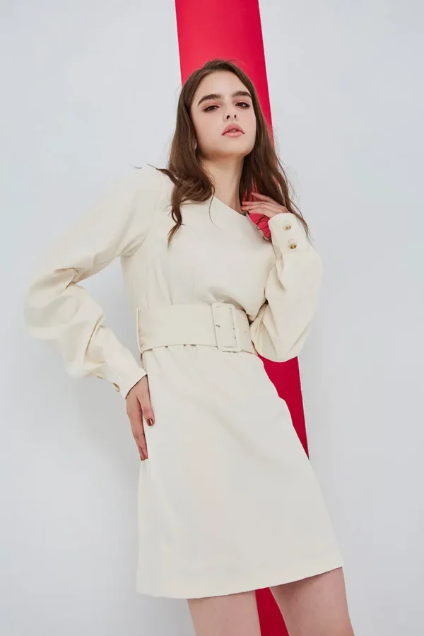 Plain round neck wide belt style dress