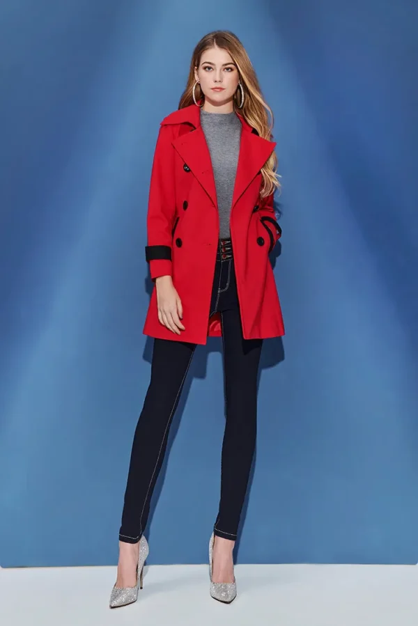 Large lapel cuffs embellish trench coat