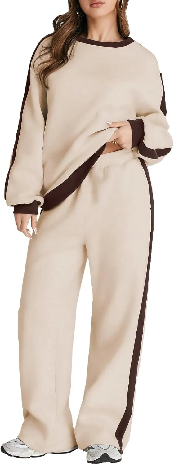 Women 2 Piece Outfits Color Block Sweatsuit Casual Fleece Lounge Matching Sets