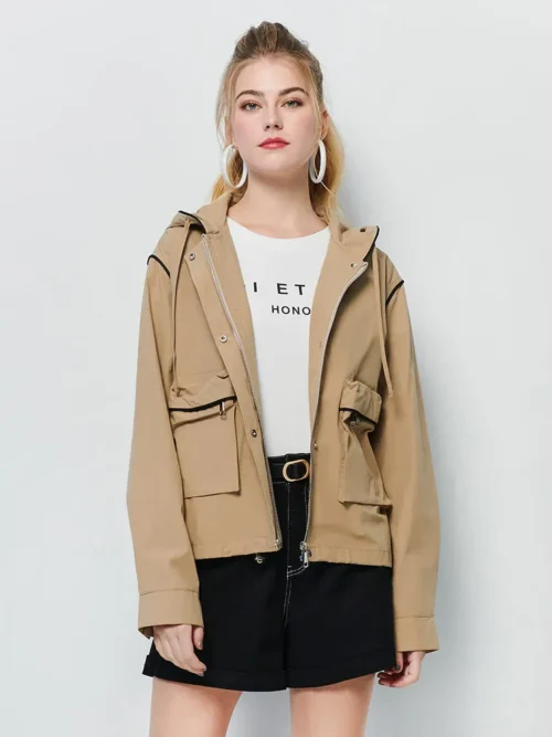 Hooded plain line coat with large pockets