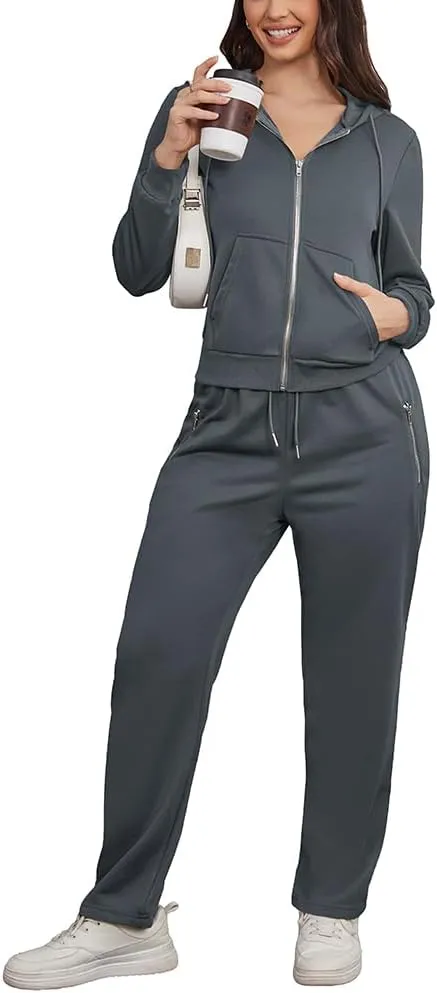 Women 2 Piece Outfits Sweatsuit Zip Up Hoodie Jacket Jogger SweatPants Lounge Matching Sweat Set